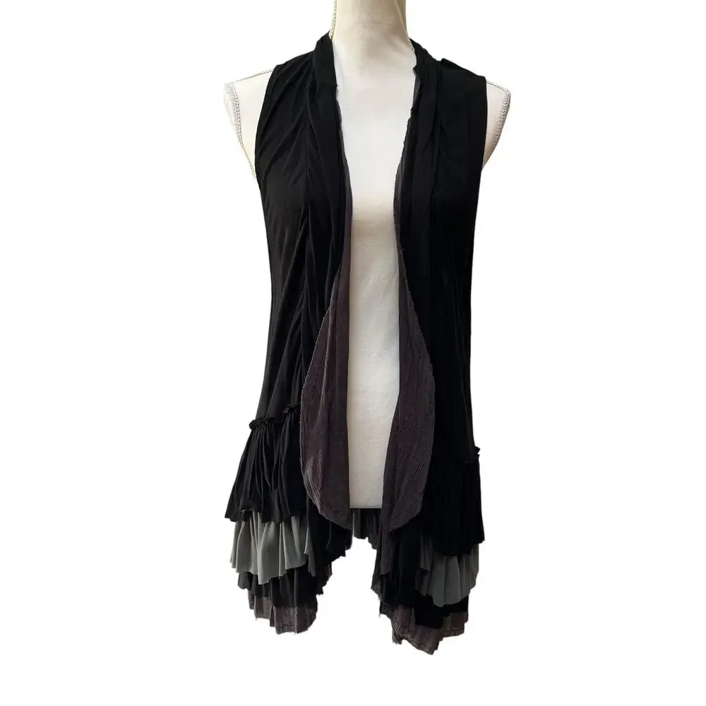 Free People Medium Layered Open Front Sleeveless Duster Vest Boho Black Gray